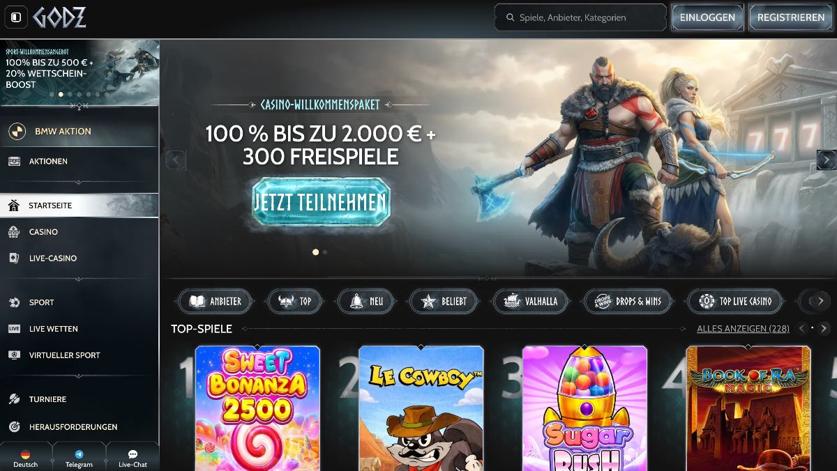 Godz überzeugt als erstklassiges Casino ohne OASIS für alle Spieler, die uneingeschränktes Spielvergnügen und maximale Auswahl suchen. Neben einer riesigen Bibliothek an Slots und Tischspielen bietet die Plattform auch einen integrierten Sportwettenbereich. Neukunden werden mit einem lukrativen Willkommenspaket von 100% bis zu 2.000 € sowie 300 Freispielen auf die ersten drei Einzahlungen empfangen.