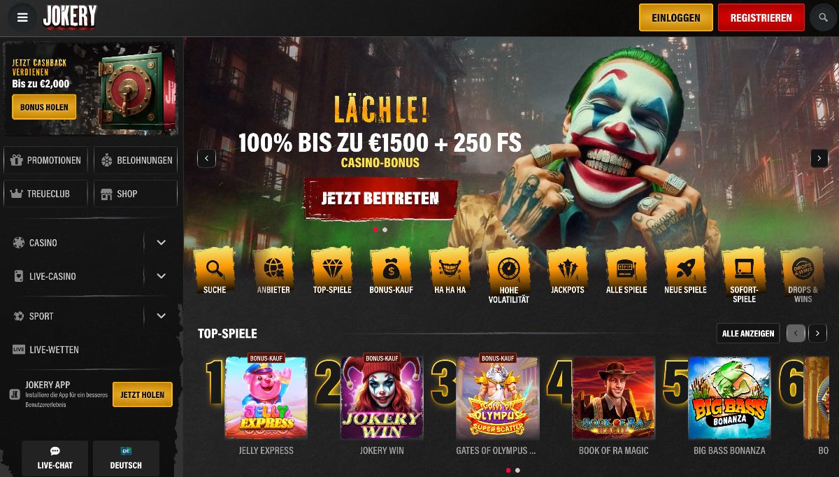 Wer nach einem vielseitigen Casino ohne OASIS mit flexiblen Kassenoptionen sucht, wird bei Jokery fündig. Der Anbieter überzeugt mit zahlreichen Zahlungswegen für reibungslose Ein- und Auszahlungen ohne Einschränkungen. Zum Start sichern sich neue Mitglieder einen starken Bonus von 100% bis zu 1.500 € und 100 Freispiele.