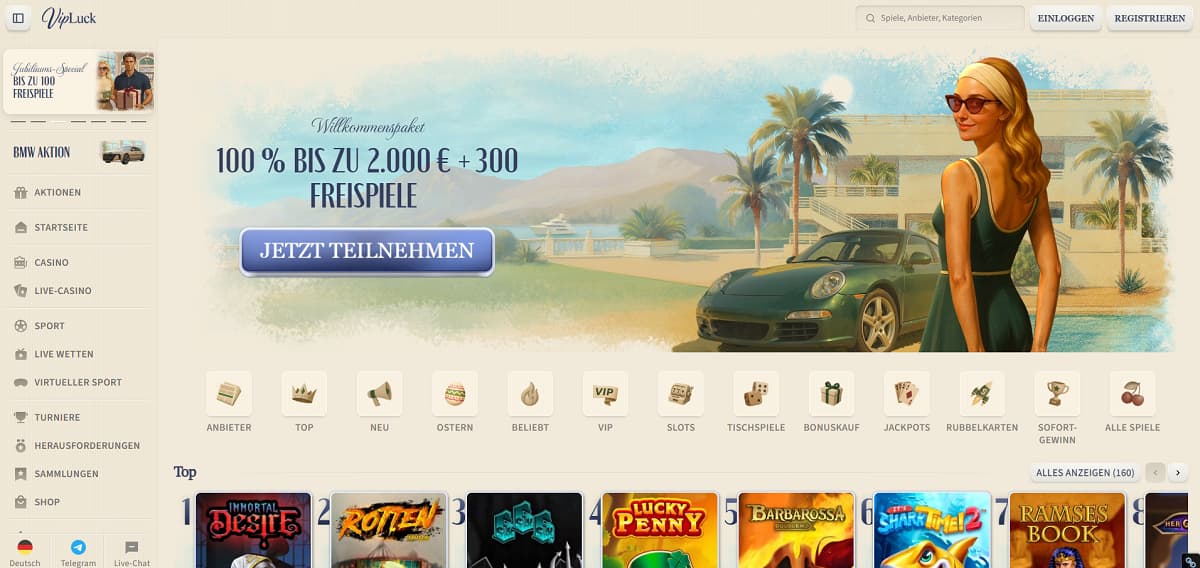 Vipluck etabliert sich als exklusives Casino ohne OASIS für anspruchsvolle Spieler, die großen Wert auf hohe Einsatzgrenzen, erstklassigen Service und schnelle Auszahlungen legen. Die Plattform garantiert maximale Freiheit bei jeder Spielsession und versorgt ihre Nutzer mit maßgeschneiderten Promotions und erstklassigen VIP-Vorteilen.