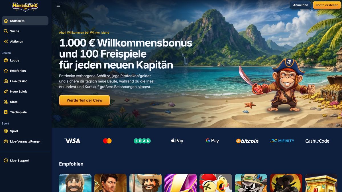 Winnerisland vereint packende Casino-Action und ein umfangreiches Sportsbook ohne deutsche OASIS-Registrierung bequem in einer einzigen Wallet. Als dynamisches Casino ohne OASIS bietet die Plattform ungestörte Spielsessions ohne bürokratische Hürden, ergänzt durch ein attraktives Willkommenspaket von bis zu 1.000 € und 100 Freispielen.